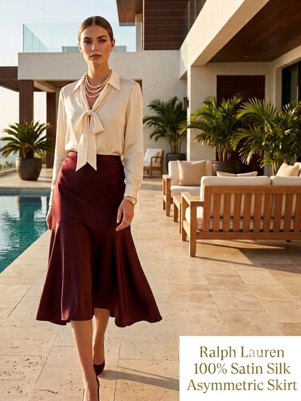 LAUREN Ralph Lauren Women 14P Asymmetric Maxi Skirt 100% Thick Satin Silk Luxury